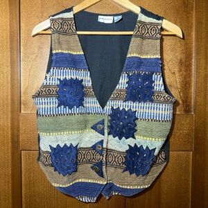 Jane Ashley Vintage Womens Tapestry Vest‎ Blue Cotton Boho Cinch Back Medium